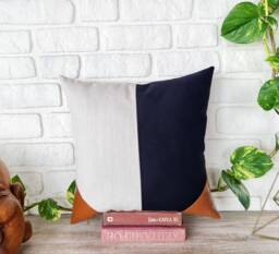 Color Block Pillow Cover Linen, Black Fabric, Cognac Faux Leather Corners - thumbnail 1