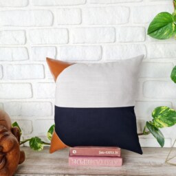Color Block Pillow Cover Linen, Black Fabric, Cognac Faux Leather Corners - thumbnail 2