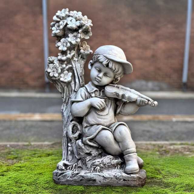 Boy Playing Violin Sculpture Concrete Musician Statue Stone With Ornament Cement Child Figure Memorial Garden Decor - image 1