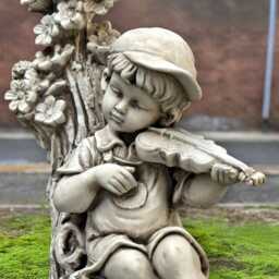 Boy Playing Violin Sculpture Concrete Musician Statue Stone With Ornament Cement Child Figure Memorial Garden Decor - thumbnail 2