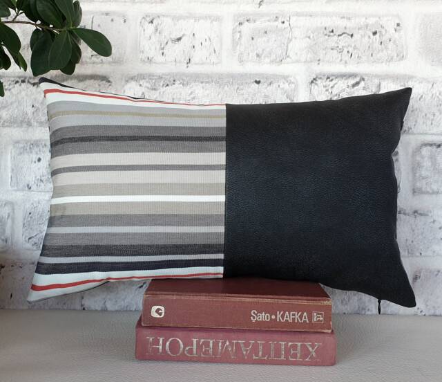 Black Vegan Leather & Striped Cotton Pillow Cover Modern Scandinavian Home Decor - image 1