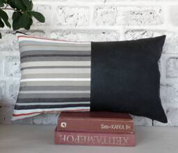 Black Vegan Leather & Striped Cotton Pillow Cover Modern Scandinavian Home Decor - thumbnail 1