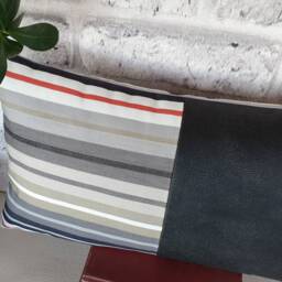 Black Vegan Leather & Striped Cotton Pillow Cover Modern Scandinavian Home Decor - thumbnail 2