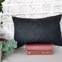 Black Vegan Leather & Striped Cotton Pillow Cover Modern Scandinavian Home Decor - thumbnail 4