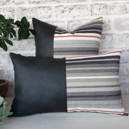 Black Vegan Leather & Striped Cotton Pillow Cover Modern Scandinavian Home Decor - thumbnail 3