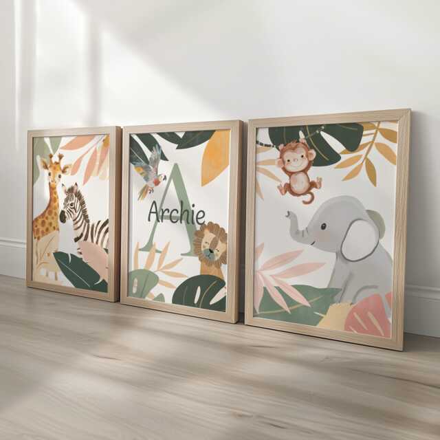 Safari Nursery Decor Personalised Wall Art, Lion Print Baby Room Gift, Zebra Giraffe Jungle Theme Boys Bedroom, Framed Newborn Set - image 1