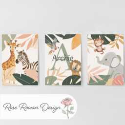 Safari Nursery Decor Personalised Wall Art, Lion Print Baby Room Gift, Zebra Giraffe Jungle Theme Boys Bedroom, Framed Newborn Set - thumbnail 3