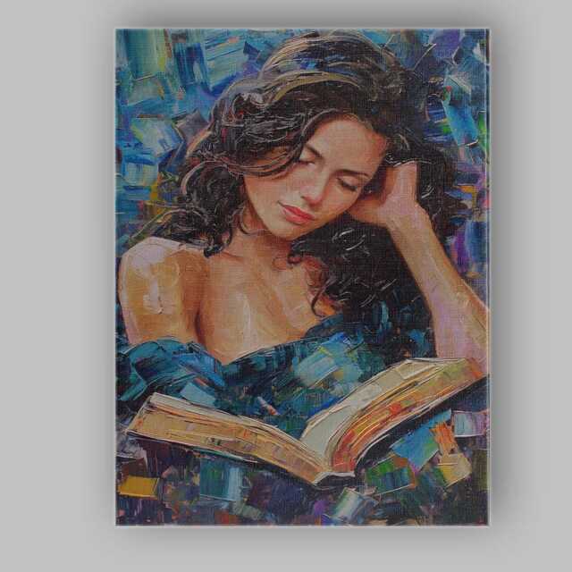 Peaceful Young Woman Reading Book Textured Portrait Painting Canvas Wall Art Print Decor Picture Ready To Hang - image 1