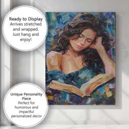 Peaceful Young Woman Reading Book Textured Portrait Painting Canvas Wall Art Print Decor Picture Ready To Hang - thumbnail 3