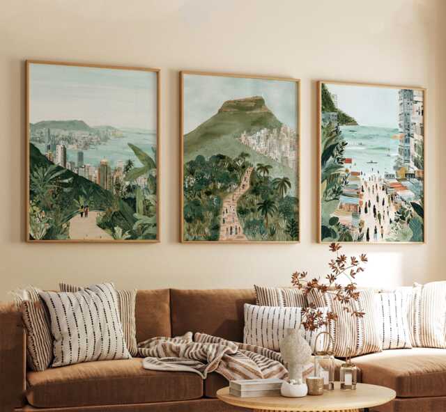 Hong Kong China Poster Set Of 3, Vintage Inspired City Skyline Wall Art, Neutral Asian Travel Prints - image 1