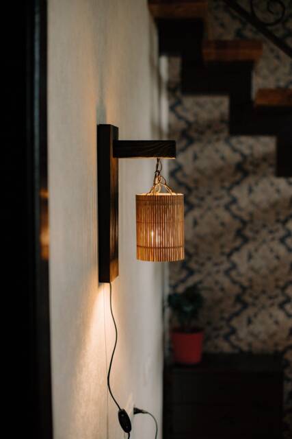 Wood Wall Sconce Plug In, Lamp, Bedside Reading Sconce, Light, Bamboo Lampshade, Eco-Friendly Lighting - image 1