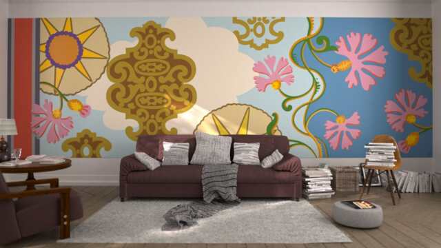Mansion I Dawn. French Designer Boutique Wall Mural Art. Playful Bright Bold Patterns, Geometric Heavens, Floating Flowers, Dynamic Motif - image 1