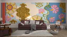 Mansion I Dawn. French Designer Boutique Wall Mural Art. Playful Bright Bold Patterns, Geometric Heavens, Floating Flowers, Dynamic Motif - thumbnail 1