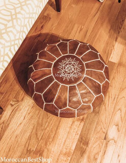 Handmade Moroccan Leather Pouf Ottoman Tan Foot Stool, Unstuffed - image 1