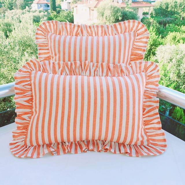 Bohemian Linen Striped Pillow Cover - Frill Edge Accent - image 1