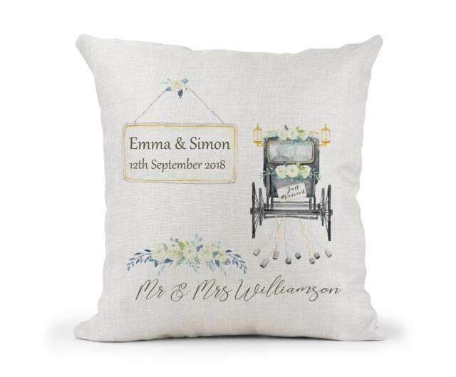 Personalised Wedding Gift Cushion. Vintage Car & Floral Design, Mr Mrs, Bride, Groom, Anniversary Keepsake - image 1