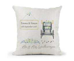 Personalised Wedding Gift Cushion. Vintage Car & Floral Design, Mr Mrs, Bride, Groom, Anniversary Keepsake - thumbnail 1