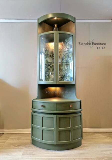 Tall Nathan Mid Century Modern Olive Green Corner Drinks Cabinet - Vintage Cocktail Bar Unit - image 1