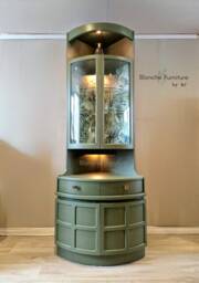 Tall Nathan Mid Century Modern Olive Green Corner Drinks Cabinet - Vintage Cocktail Bar Unit
