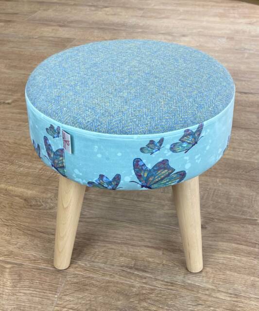 Butterflies in The Rain Velvet Footstool With Light Blue Harris Tweed Herringbone - image 1
