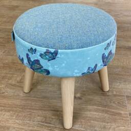 Butterflies in The Rain Velvet Footstool With Light Blue Harris Tweed Herringbone - thumbnail 2