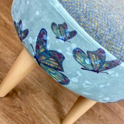 Butterflies in The Rain Velvet Footstool With Light Blue Harris Tweed Herringbone - thumbnail 3