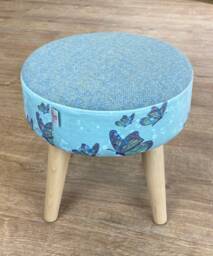 Butterflies in The Rain Velvet Footstool With Light Blue Harris Tweed Herringbone - thumbnail 1
