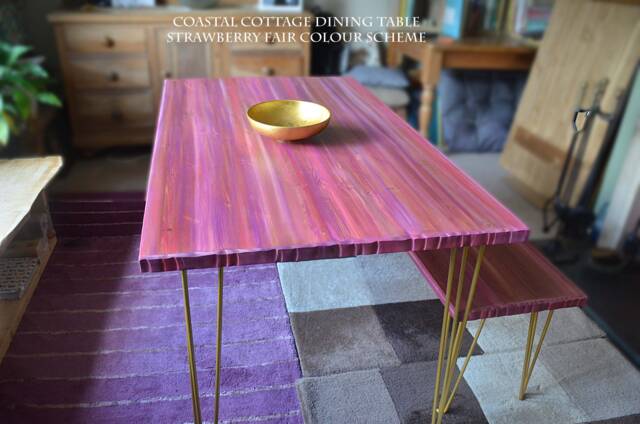 Strawberry Fair Coastal Cottage Dining Table in Stunning Shades Of Pinks 140 cm L X 80 Gold Hairpin Legstapered Wood Legs Also Available - image 1