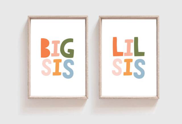Set Of 2 Sister Prints, Big Sis Lil Sis, Sisters Bedroom Girls Pastel Decor, Wall Art - image 1
