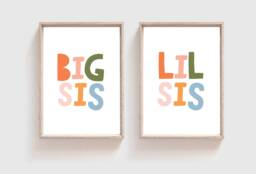 Set Of 2 Sister Prints, Big Sis Lil Sis, Sisters Bedroom Girls Pastel Decor, Wall Art - thumbnail 1