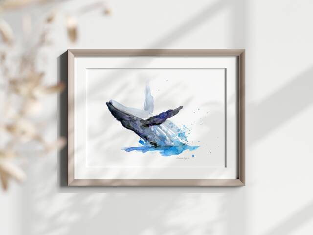 Humpback Whale Watercolor Art Print, Beach House Decor - image 1