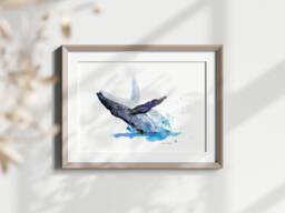 Humpback Whale Watercolor Art Print, Beach House Decor - thumbnail 1