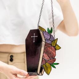 ??offin Flowers Roses Suncatcher Stained Glass Gothic Decor Home House Window Wall Hangings Horror Halloween Gift, Spooky Vibes Dark Academia - thumbnail 2