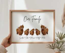 Personalised Framed Highland Cow Family Print, Sign, Gift, Home Decor Gifts, Scottish Cattle Gift - thumbnail 1