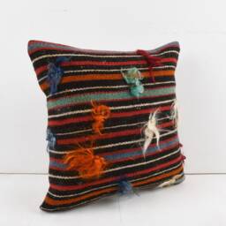 Handmade Turkish Kilim Pillow Embroidered Wool Cushion Cover - 18''x18'' - thumbnail 2
