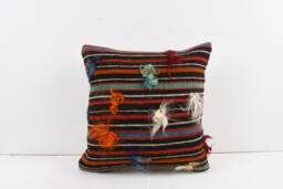 Handmade Turkish Kilim Pillow Embroidered Wool Cushion Cover - 18''x18'' - thumbnail 1