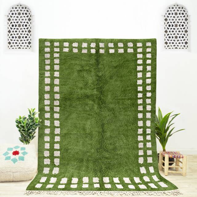 Green Checkered Moroccan Rug Handmade Beni Ourain Shag Rug - image 1