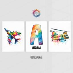 Personalised Kids Airplane Wall Art - Set Of 3 Prints - Colourful Boys Posters Room Nursery Custom Name Decor Girl Aviation Gifts - thumbnail 1