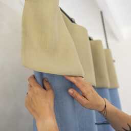 Linen Cafe Curtain With Valance, Color Block Kitchen Curtains, Custom Sink Skirt - thumbnail 2