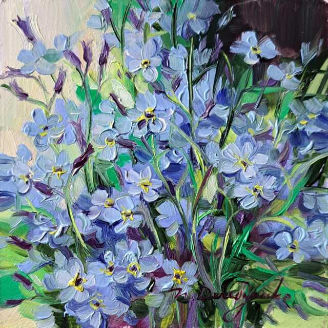Forget-Me-Not Flower Oil Painting Original Gift Long Distance, Floral Blue Frame, Small Framed Art Wall Hanging 4x4 - image 1