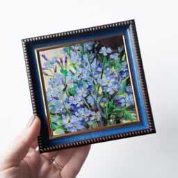 Forget-Me-Not Flower Oil Painting Original Gift Long Distance, Floral Blue Frame, Small Framed Art Wall Hanging 4x4 - thumbnail 2