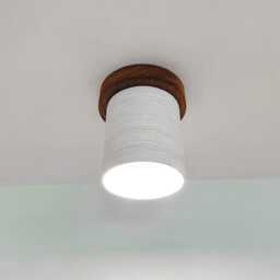 Handmade Ceramic Flush Mount Ceiling Light - Carved Texture, Wood Canopy - thumbnail 3