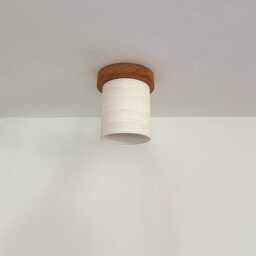 Handmade Ceramic Flush Mount Ceiling Light - Carved Texture, Wood Canopy - thumbnail 2