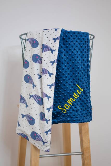 Navy Whale Baby Blanket, Personalized Minky Dot Blanket - image 1