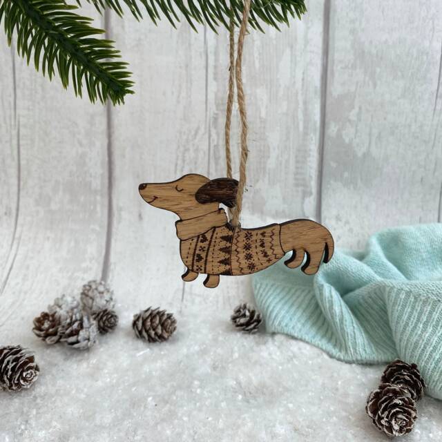 Dachshund Christmas Decoration Oak Veneer Dog Ornament - image 1