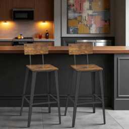 Set Of 2 Industrial Bar Stools With Backrests - Rustic Wood Seat, Metal Frame, Kitchen Counter Height Chairs Footrest, 74cm Seat - thumbnail 4