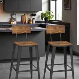 Set Of 2 Industrial Bar Stools With Backrests - Rustic Wood Seat, Metal Frame, Kitchen Counter Height Chairs Footrest, 74cm Seat - thumbnail 1