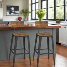 Set Of 2 Industrial Bar Stools With Backrests - Rustic Wood Seat, Metal Frame, Kitchen Counter Height Chairs Footrest, 74cm Seat - thumbnail 2