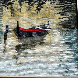 Handmade Cross Stitch Lakeside House & Boat Wall Decor - 22x27 cm - thumbnail 4
