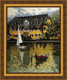 Handmade Cross Stitch Lakeside House & Boat Wall Decor - 22x27 cm - thumbnail 1